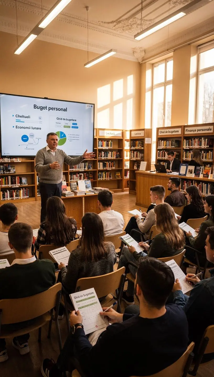 Client ținând o carte de bugetare în timp ce primește sfaturi practice de la un consilier financiar.