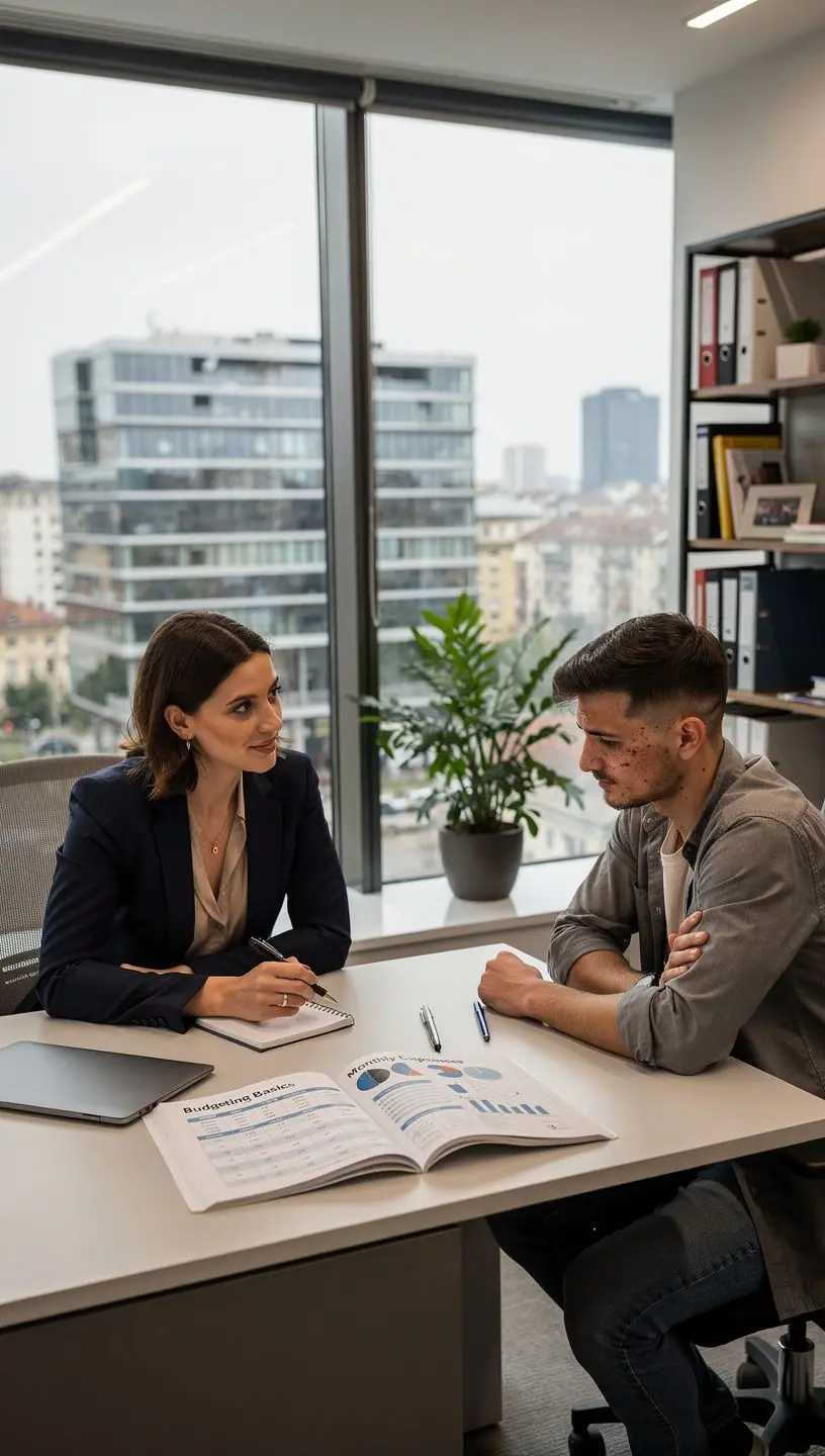 Birou modern al unei firme de consultanță financiară cu rafturi pline de cărți și broșuri despre bugete personale.