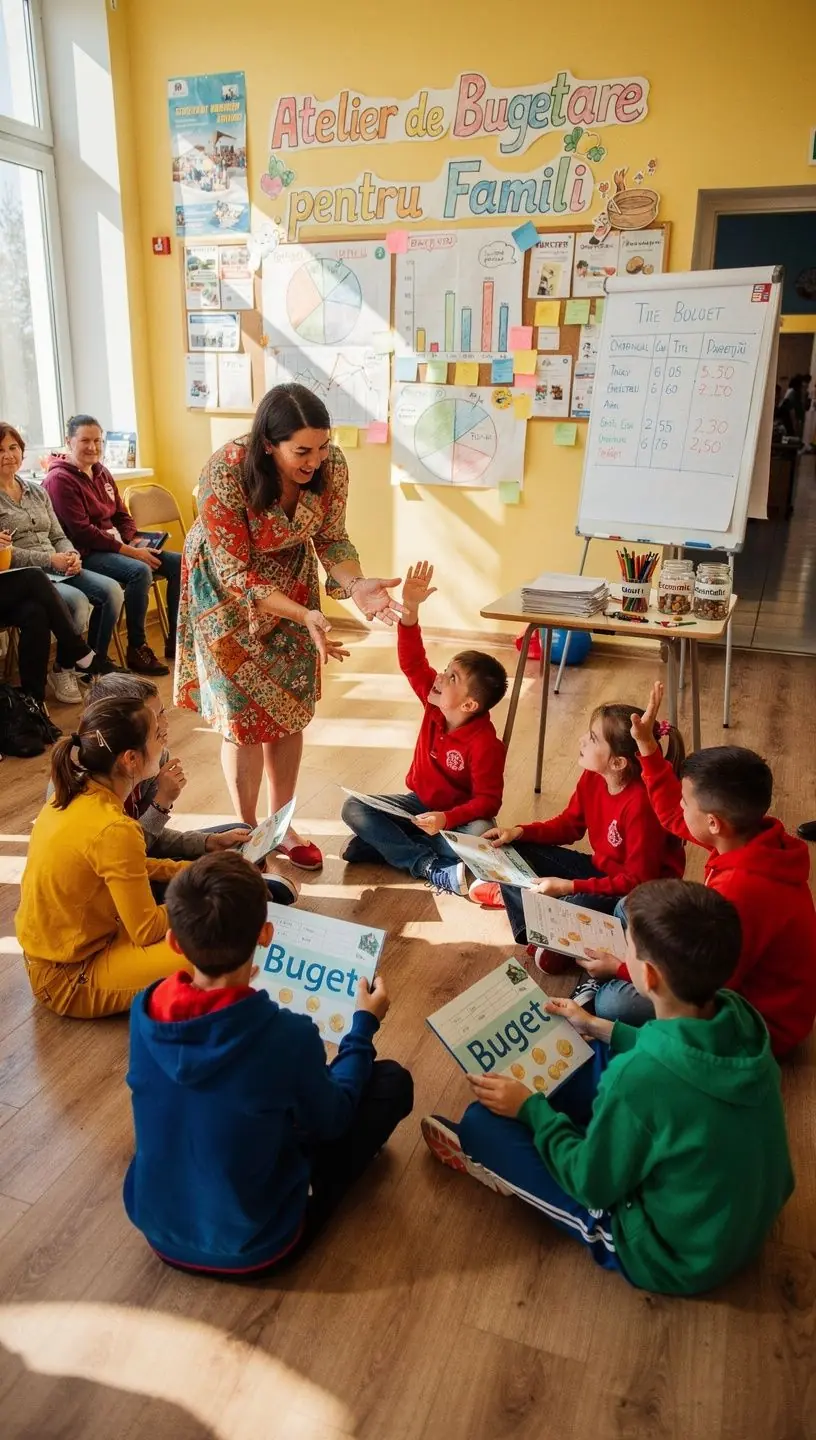 Carte tipărită de bugetare afișată pe o masă, cu grafice și tabele clare pentru gestionarea finanțelor.