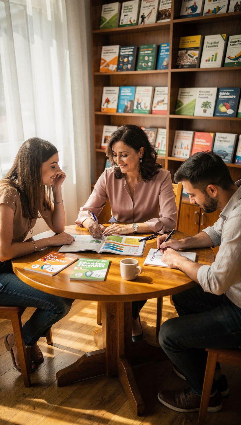 Imaginează o persoană consultând un consilier financiar într-un birou modern, în timp ce pe masă se află ghiduri tipărite de bugetare personală și cărți educaționale despre finanțe personale.